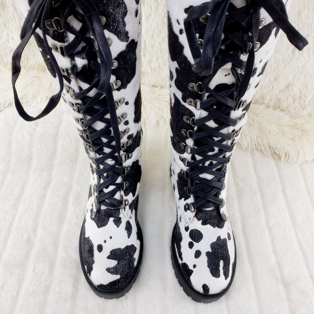 Savage Cow Combat Lace Up Knee Boots Faux Cow Print Brand New - Picture 12 of 17